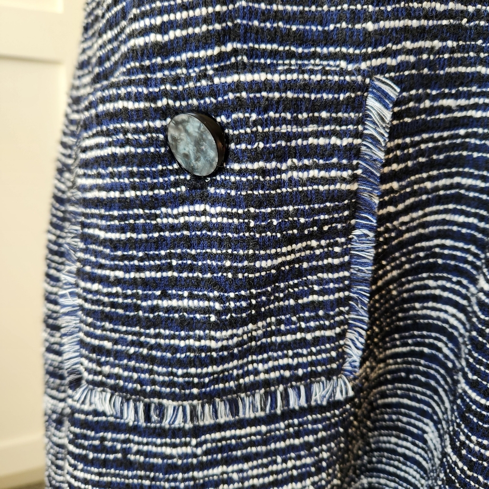 Tweed Fall Sheath Dress Navy Blue White Stripes Sleeveless Fringe Paris Size 10 - Picture 8 of 17